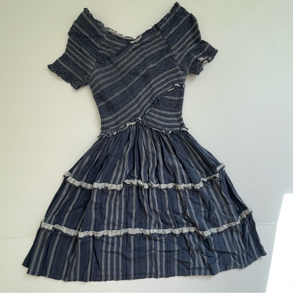 Japna Dress Women Medium Blue Striped Short Sleeve Off Shoulder Bohemian Peasant